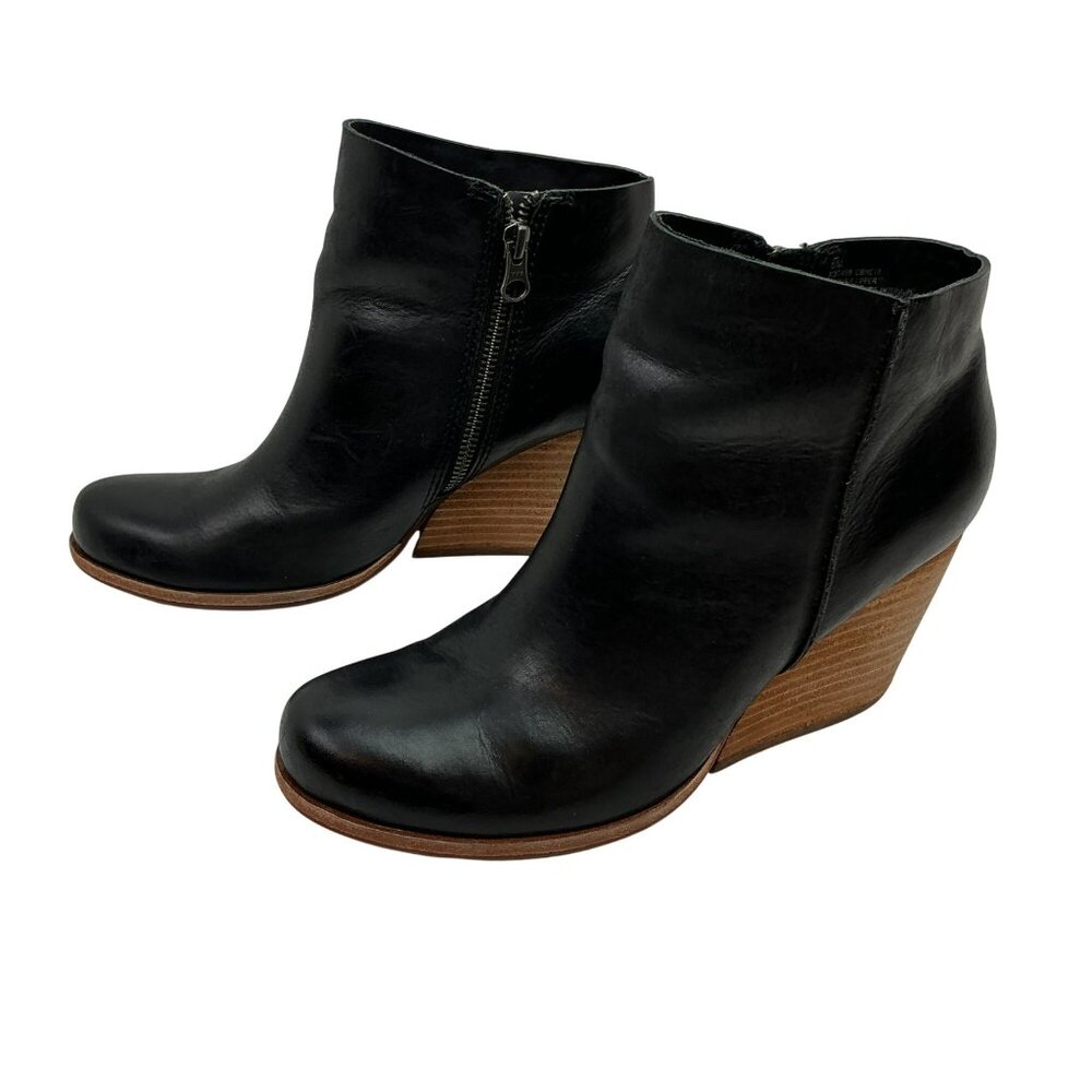 Kork-Ease Natalya Stacked Wedge Zip Leather Ankle Boots Womens 8M Black